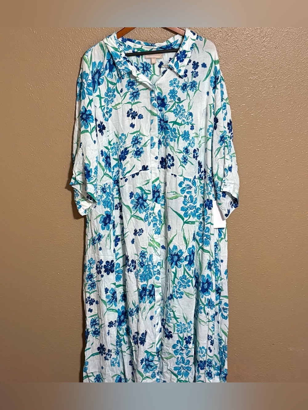 Woman Within White Maxi Dress with Blue Floral Print